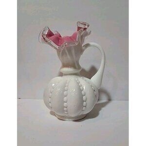 Fenton Silver Crest Pink Overlay Milk Glass Melon Shaped Bud Vase